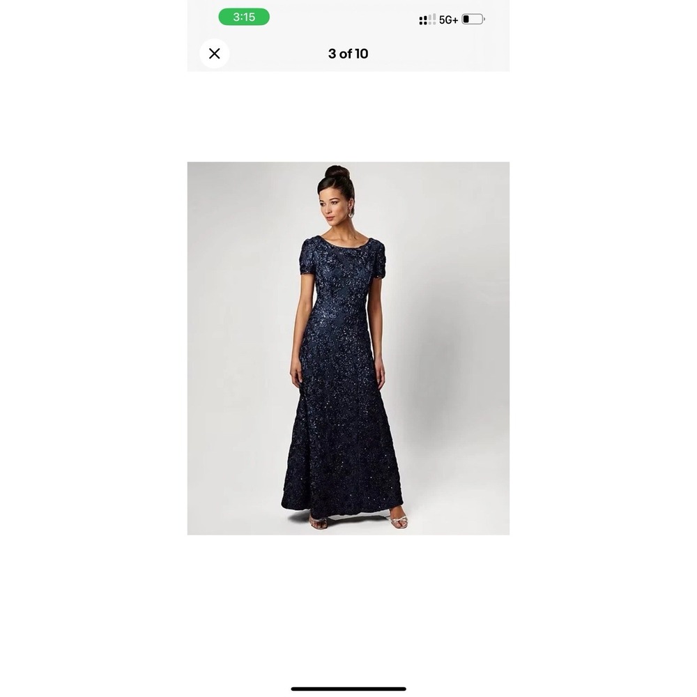 Alex Evenings Navy Sequin Short Sleeve A‑Line Gown